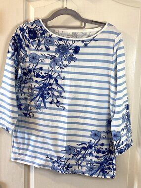Talbots Women's Blue White Striped Floral Whimsical Garden T- Shirt 3/4 Sleeve